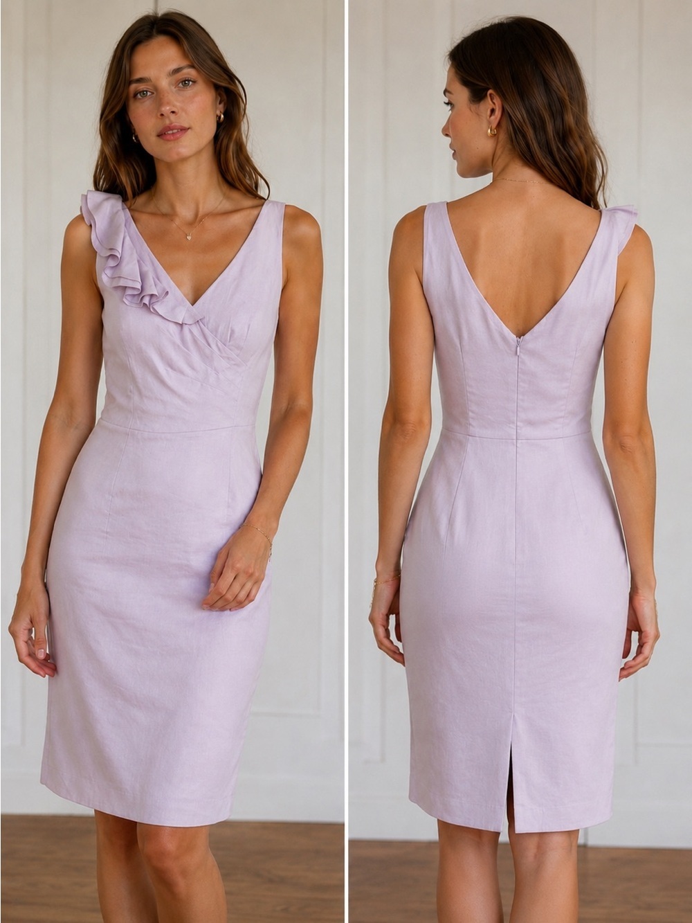 Saks Fifth Avenue Lavender Linen Ruffle Sheath Dress Feminine Cocktail Size 10